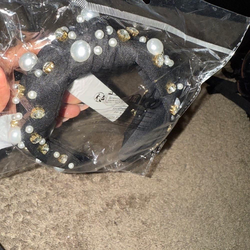 Women fashion hair accessories knotted Black Headband with Pearls and rhinestone
